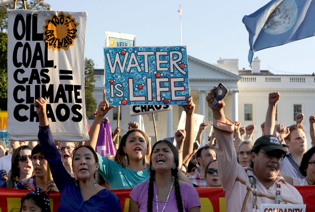 Supporters of the Standing Rock Sioux Tribe rally in opposition of the Dakota Access oil pipeline in front of the White House, Tuesday, Sept. 13, 2016. (AP/Jacquelyn Martin)