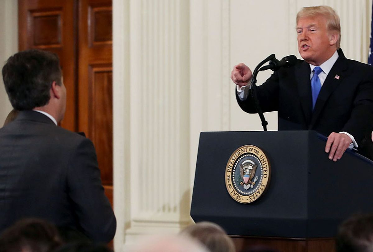 Donald Trump gets into an exchange with Jim Acosta of CNN after giving remarks a day after the midterm elections on November 7, 2018 in the East Room of the White House. (Getty/Mark Wilson)