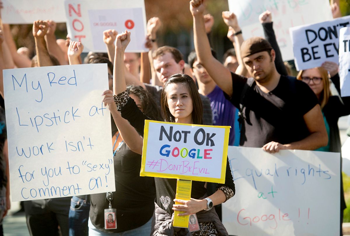 Workers protest against Google's handling of sexual misconduct allegations at the company's Mountain View, Calif., headquarters on Thursday, Nov. 1, 2018. (AP/Noah Berger)