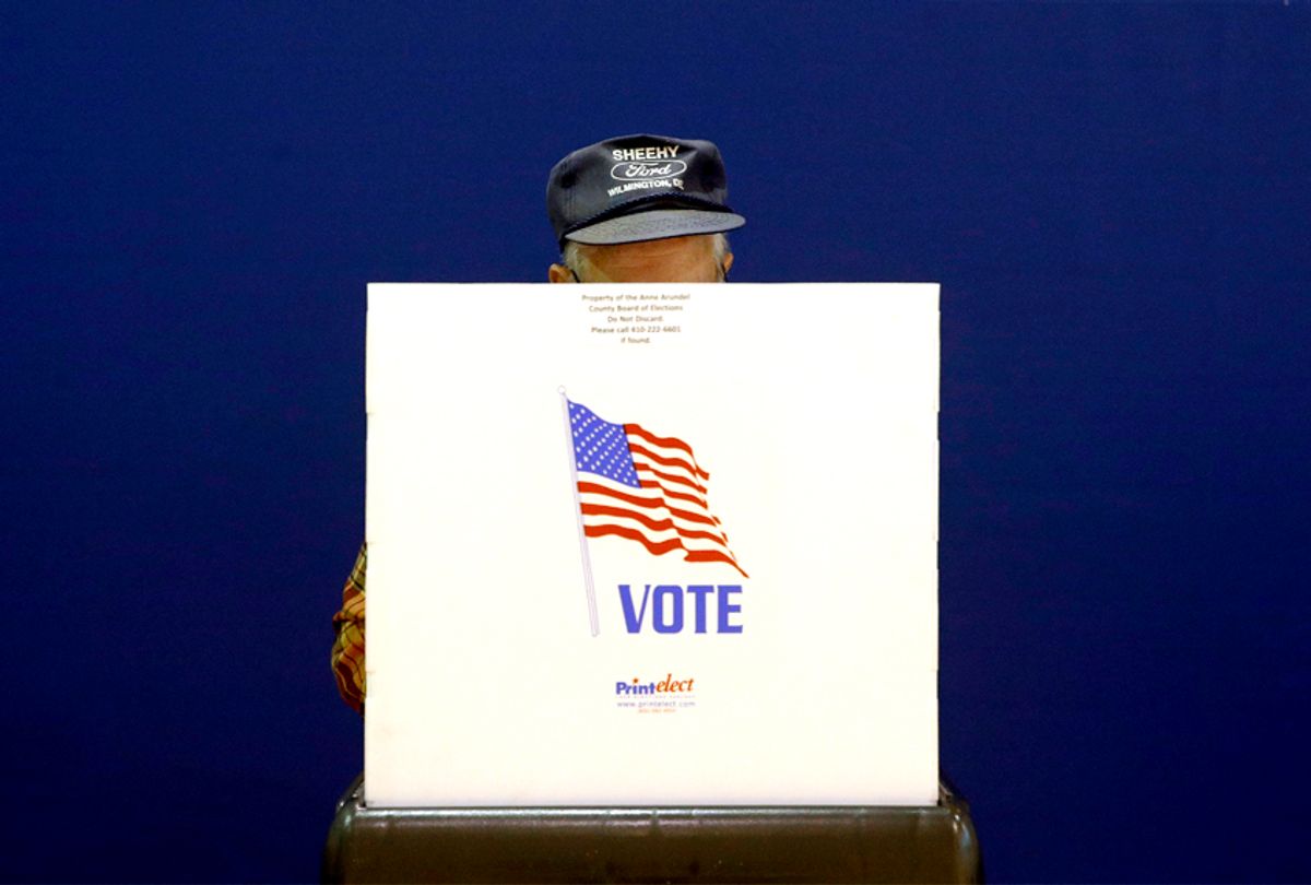 A voter fills out a ballot at a polling place at Lake Shore Elementary School, Tuesday, Nov. 6, 2018, in Pasadena, Md. (AP/Patrick Semansky)