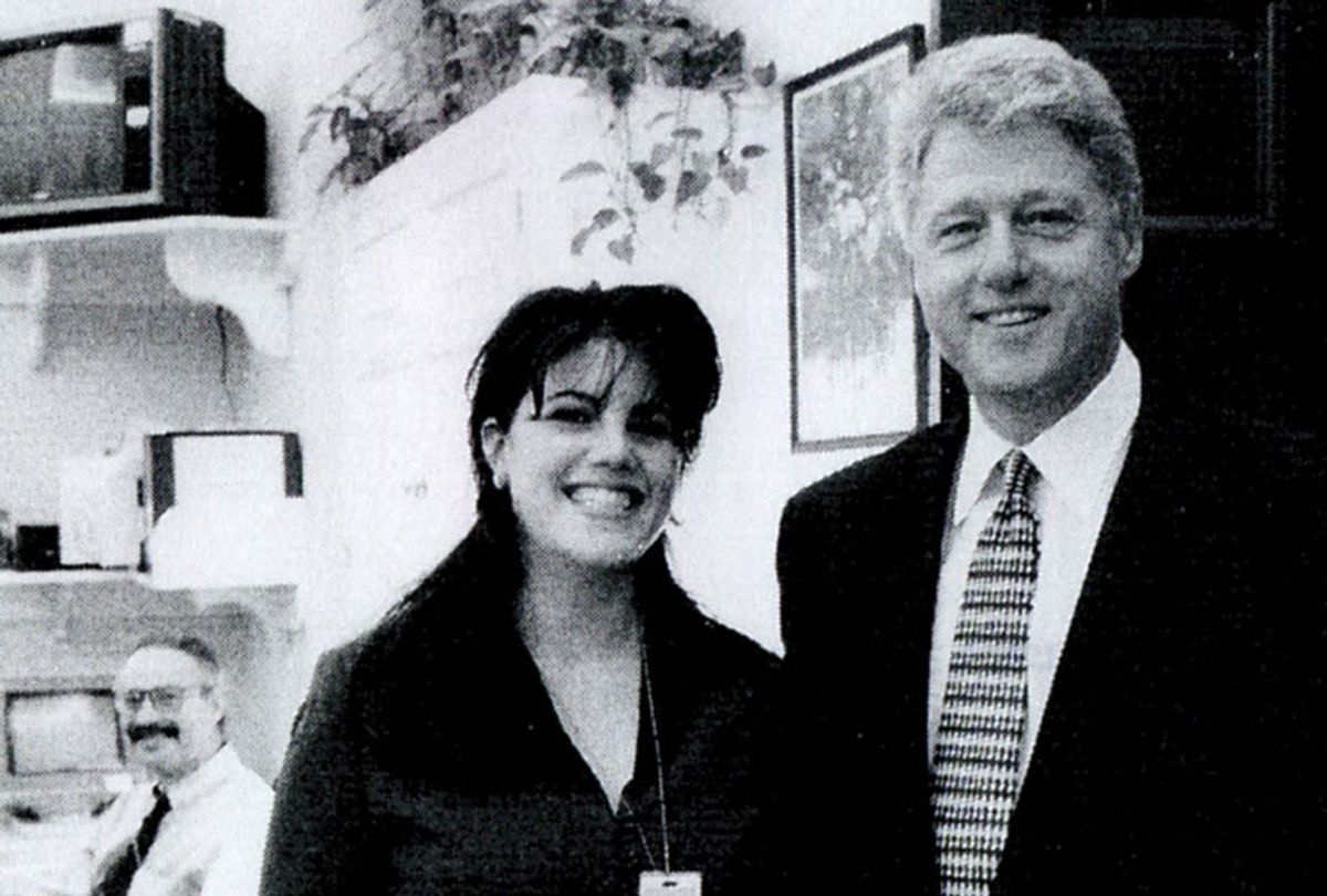 Former White House intern Monica Lewinsky meeting President Bill Clinton at a White House function submitted as evidence in documents by the Starr investigation. (Getty Images)