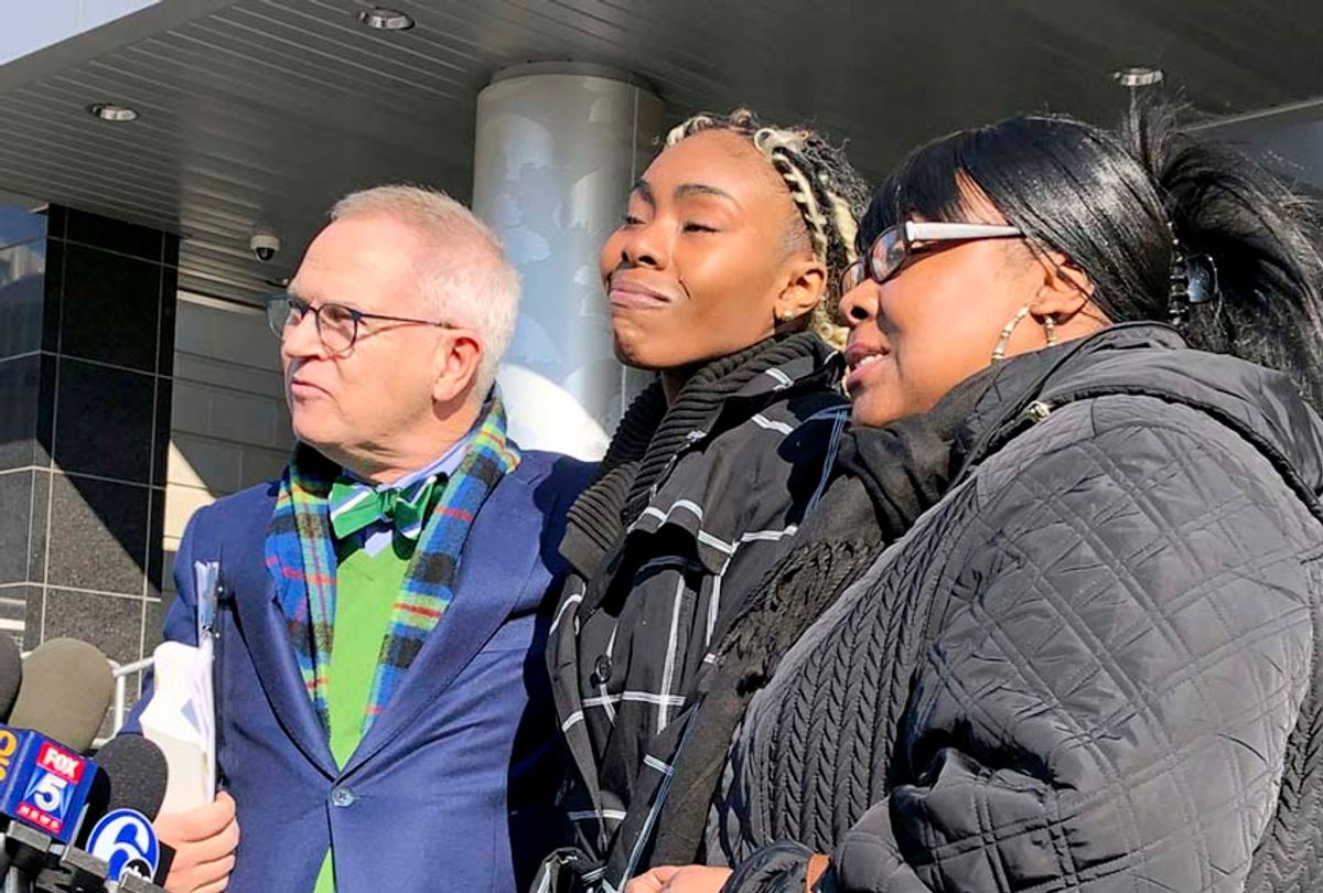 Jazmine Headley, center, joins attorney Brian Neary and her mother, Jacqueline Jenkins, outside a courthouse in Trenton, N.J. (AP/Mike Catalini)