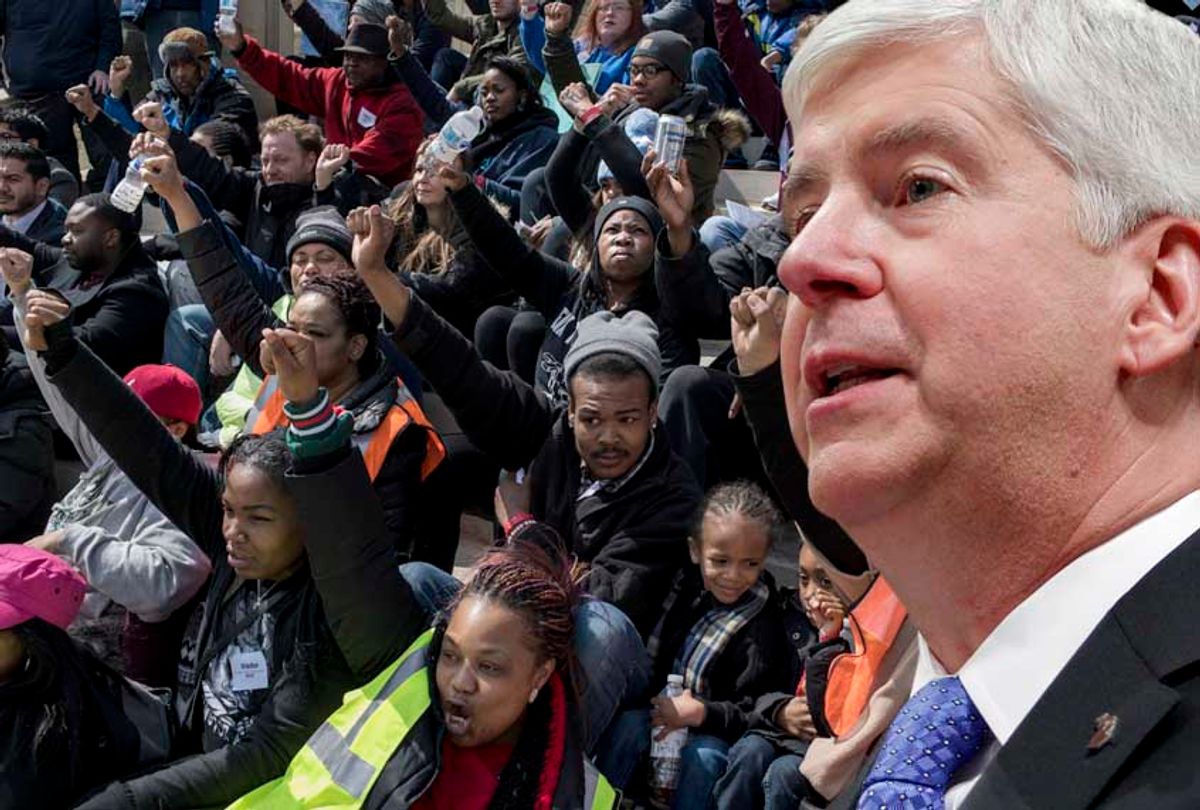 Michigan Gov. Rick Snyder; Protest on the steps of the Michigan State Capitol on April 11, 2018  (AP/Getty/Salon)