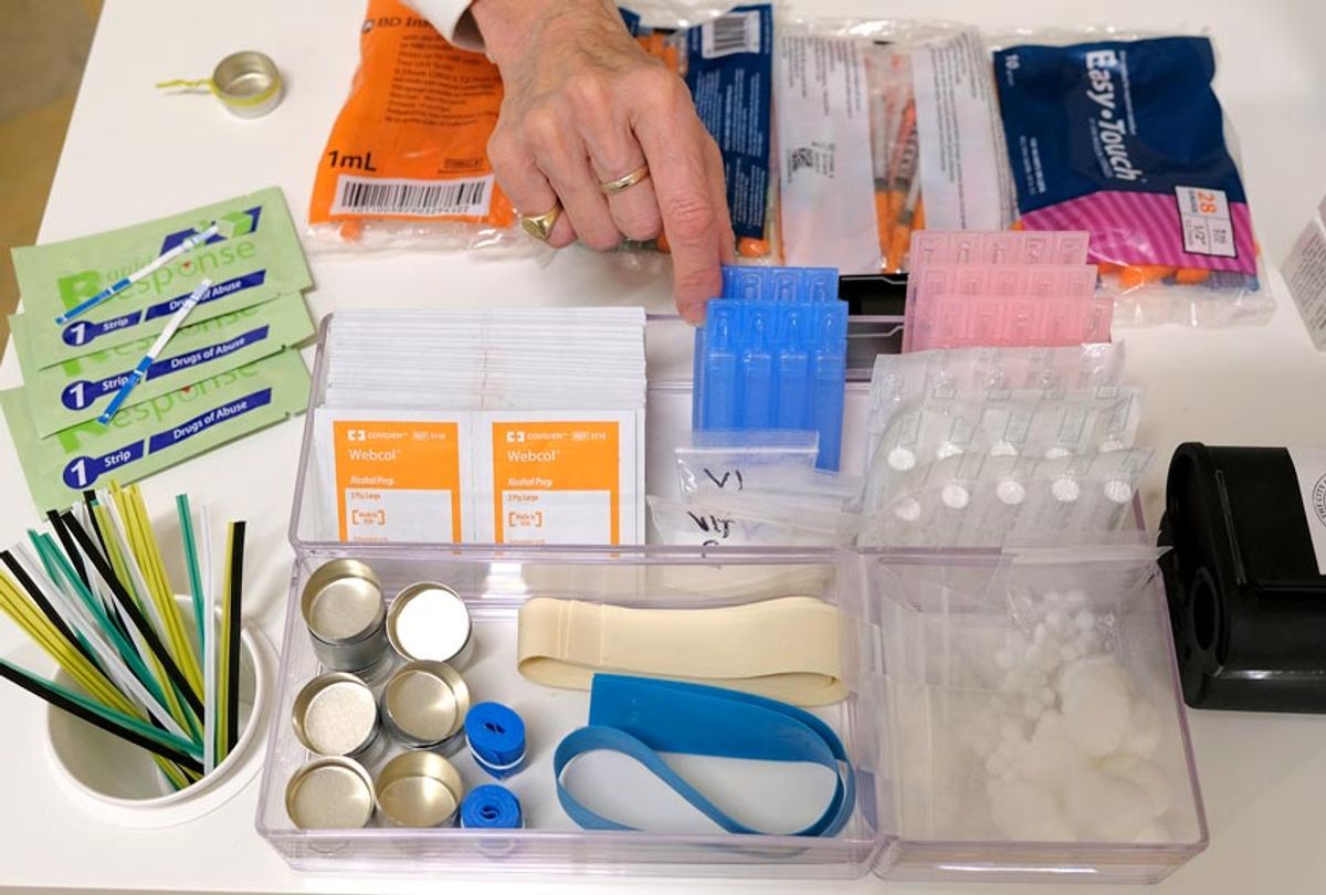Supplies on a check in desk at Safer Inside, a realistic model of a safe injection site in San Francisco. (AP/Eric Risber)