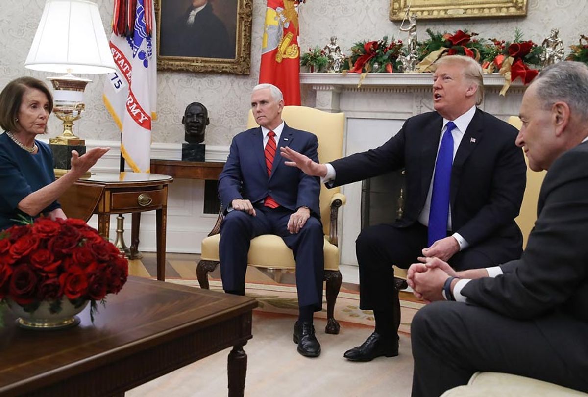 Donald Trump argues about border security with Senate Minority Leader Chuck Schumer and House Minority Leader Nancy Pelosi as Vice President Mike Pence sits nearby in the Oval Office on December 11, 2018 in Washington, DC. (Getty/Mark Wilson)
