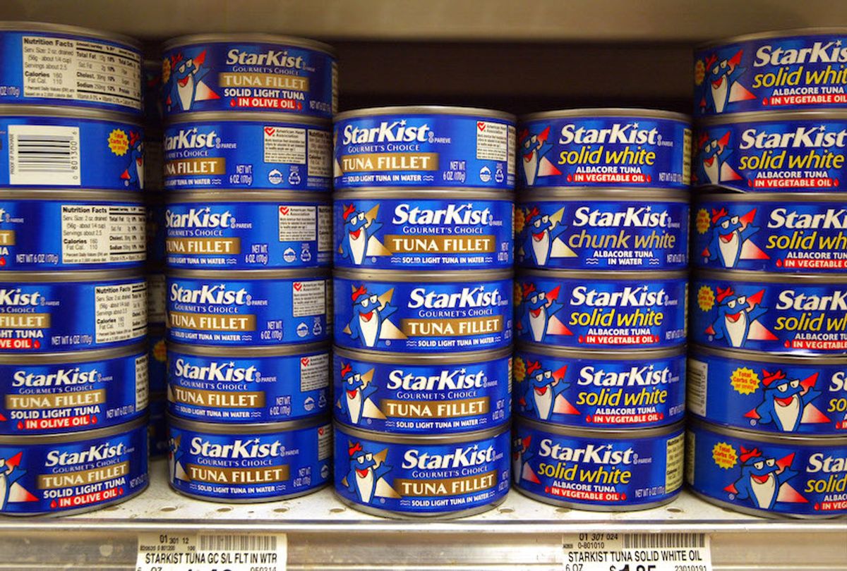 Cans of tuna are seen on a shelf August 12, 2004 in a grocery store in Des Plaines, Illinois. (Tim Boyle/Getty Images)