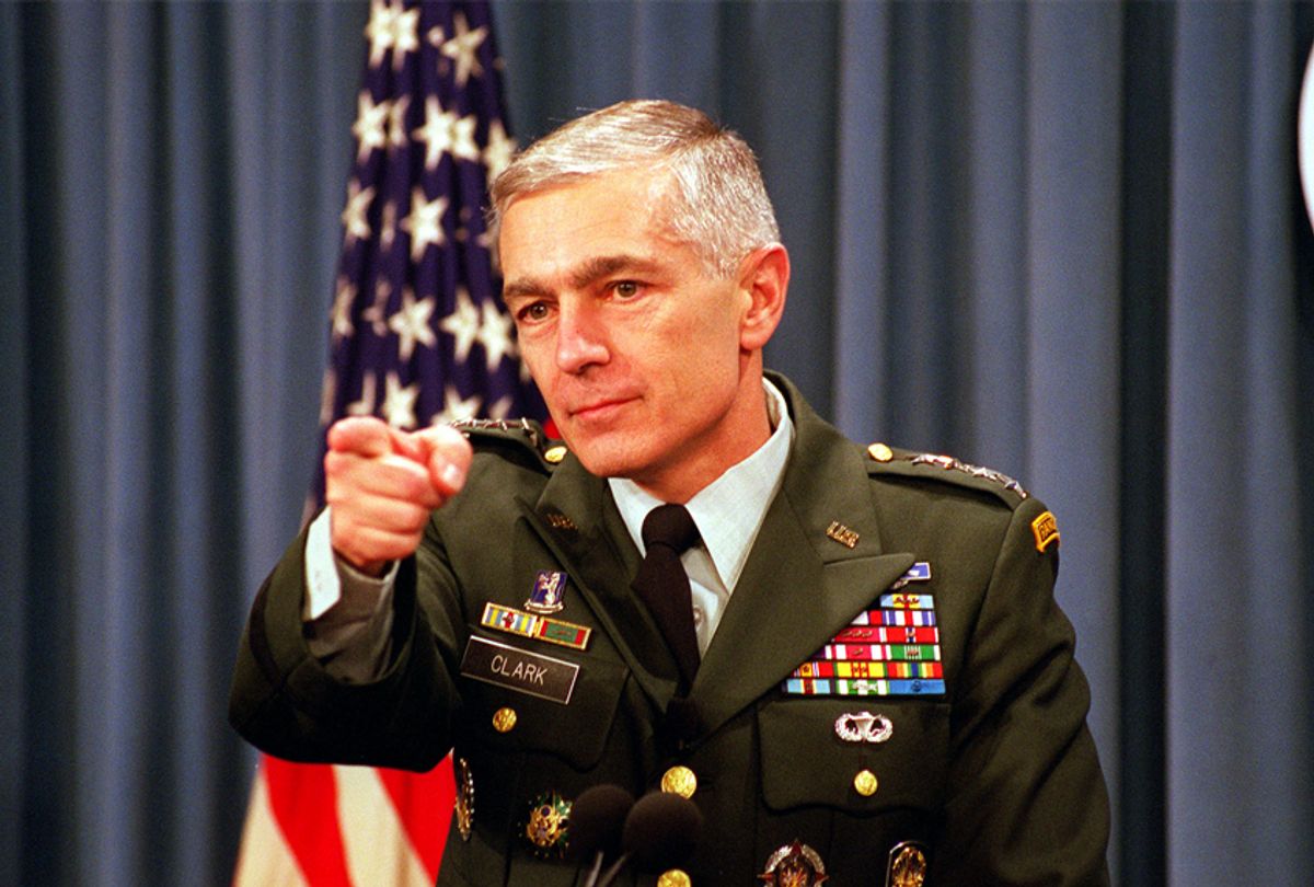 Supreme Allied Commander Europe U.S. Army Gen. Wesley Clark, who also commands U.S. European Command, takes reporters' questions on the status of the NATO-led, international peacekeeping operation in Bosnia during a Pentagon briefing. DoD photo by R.D. Ward. (Department of Defense (CC))