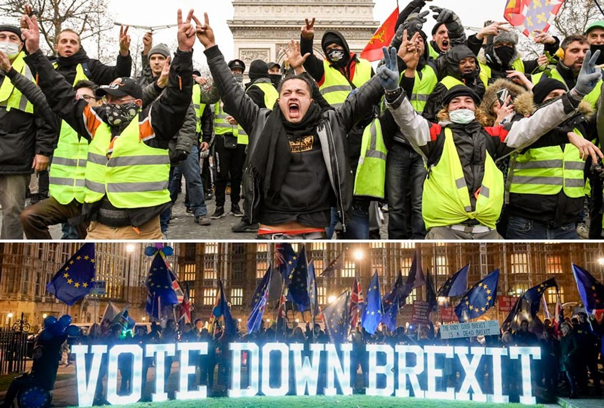Demonstrators kneel and gesture with victory signs as they take part in the demonstration of the yellow vests near the Arc de Triomphe on December 8, 2018 in Paris France. Anti Brexit protesters use illuminated signs as they demonstrate with placards outside the Houses of Parliament, Westminster on December 10, 2018 in London, England. (Getty/Jeff J Mitchell/Christopher Furlong)