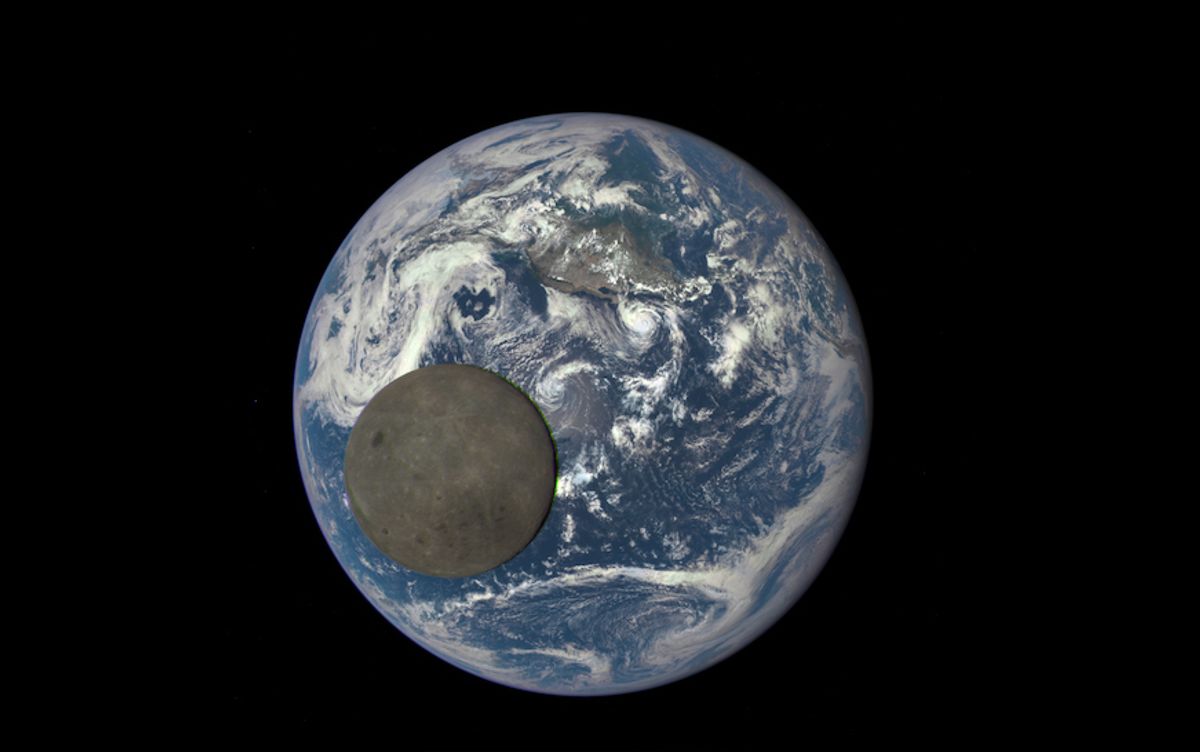 The far side of the moon as pictured with Earth in the background; taken from the Deep Space Climate Observatory spacecraft. (NASA/NOAA)