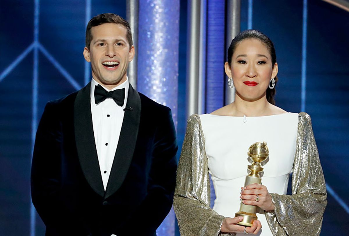 In this handout photo provided by NBCUniversal, Hosts Andy Samberg and Sandra Oh speak onstage during the 76th Annual Golden Globe Awards at The Beverly Hilton Hotel on January 06, 2019 in Beverly Hills, California. (Paul Drinkwater/NBCUniversal)