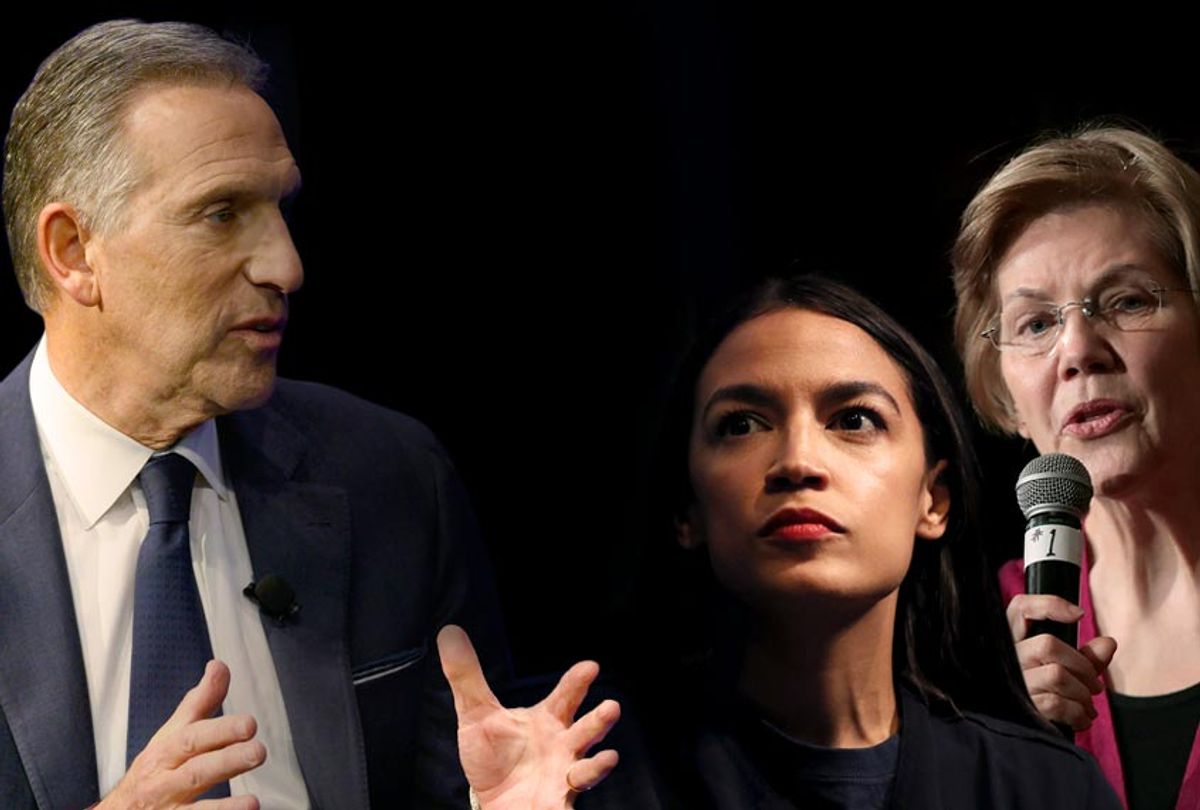  Howard Schultz; Alexandria Ocasio-Cortez; Elizabeth Warren (AP/Getty/SAlon)