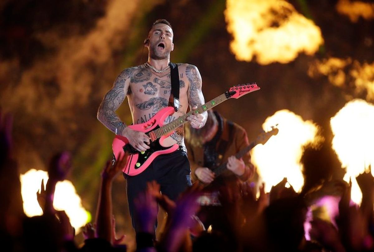 Adam Levine of Maroon 5 performs during halftime of the NFL Super Bowl 53. (AP Photo/Mark Humphrey)