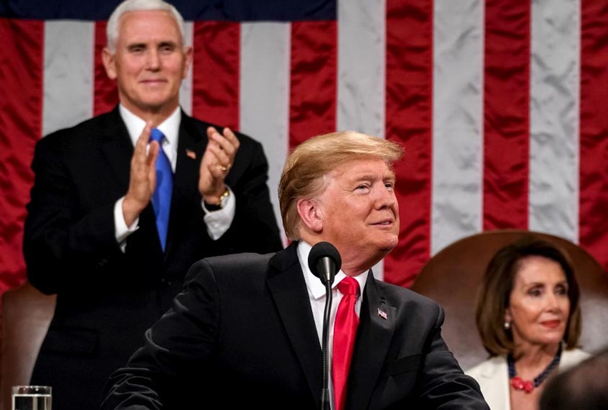 President Donald Trump, with Speaker Nancy Pelosi and Vice President Mike Pence looking on, delivers the State of the Union address in the chamber of the U.S. House of Representatives at the U.S. Capitol Building on February 5, 2019 in Washington, DC.  (Getty/Dough Mills)