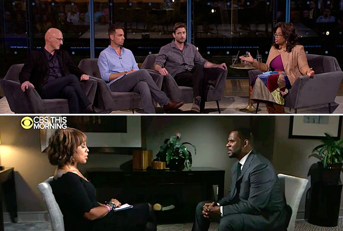 (Above) "After Neverland" with Dan Reed, Wade Robson, James Safechuck and Oprah Winfrey. (Below) Gayle King interviewing R. Kelly. (OWN/CBS)