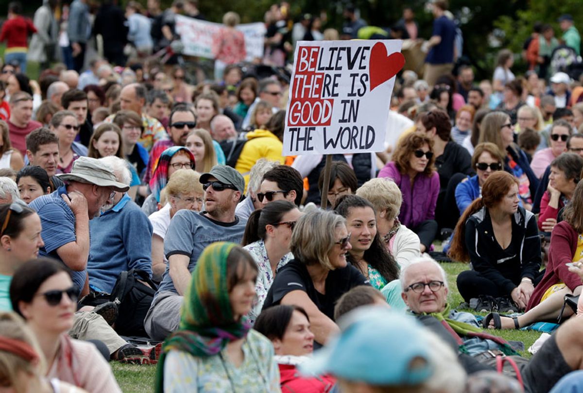 People gather at Haley Park for the "March for Love" following the mosque attacks in Christchurch, New Zealand, Saturday, March 23, 2019. (AP/Mark Baker)