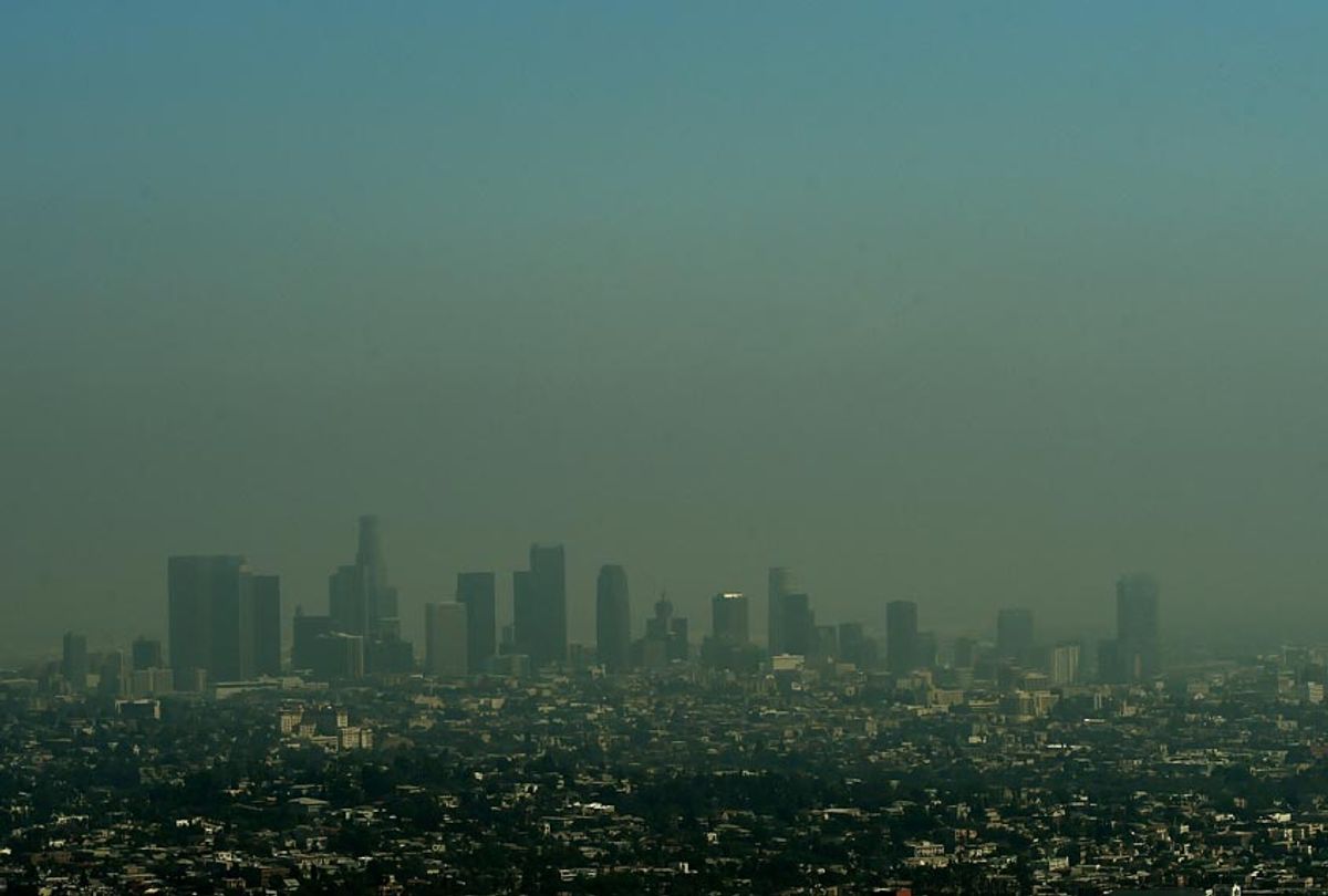 A view of the Los Angeles city skyline as heavy smog shrouds the city in California on May 31, 2015 (Getty/Mark Ralston)