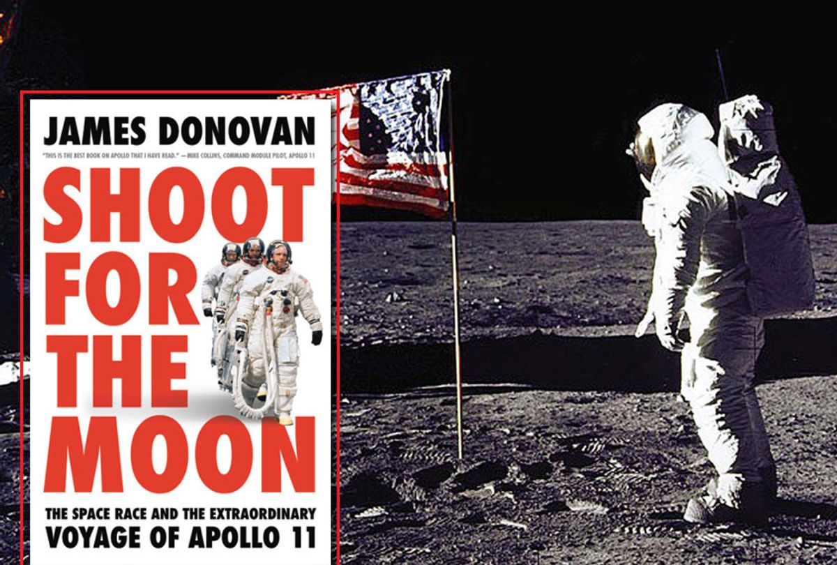 Edwin E. 'Buzz' Aldrin, Jr. saluting the US flag on the surface of the Moon during the Apollo 11 lunar mission; "Shoot for the Moon: The Space Race and the Extraordinary Voyage of Apollo 11" by James Donovan (Getty/NASA/Little Brown)