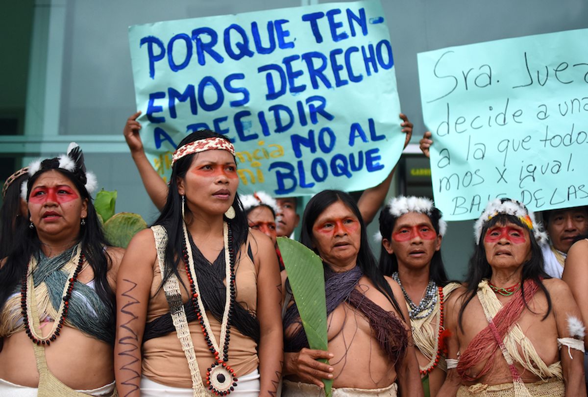 Indigenous Waorani women assembled in Puyo, Ecuador, on March 13, 2019, for a hearing on the lawsuit, which was suspended by the judge.  (Sophie Pincetti/Amazon Frontlines)