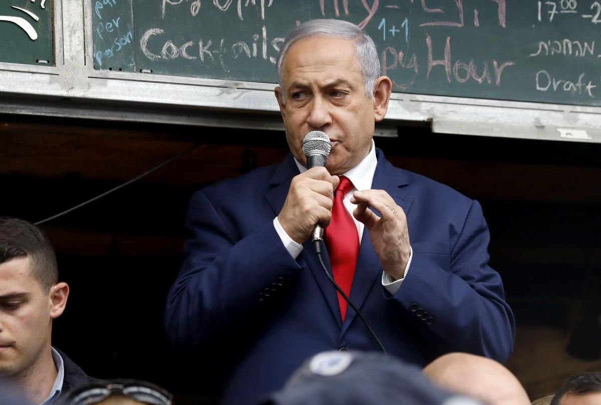 Israeli Prime Minister Benjamin Netanyahu, leader of the Likud party, addresses his supporters at the main market of Jerusalem on April 8, 2019, a day ahead of the electoral polls. (Getty/Menahem Kahana)