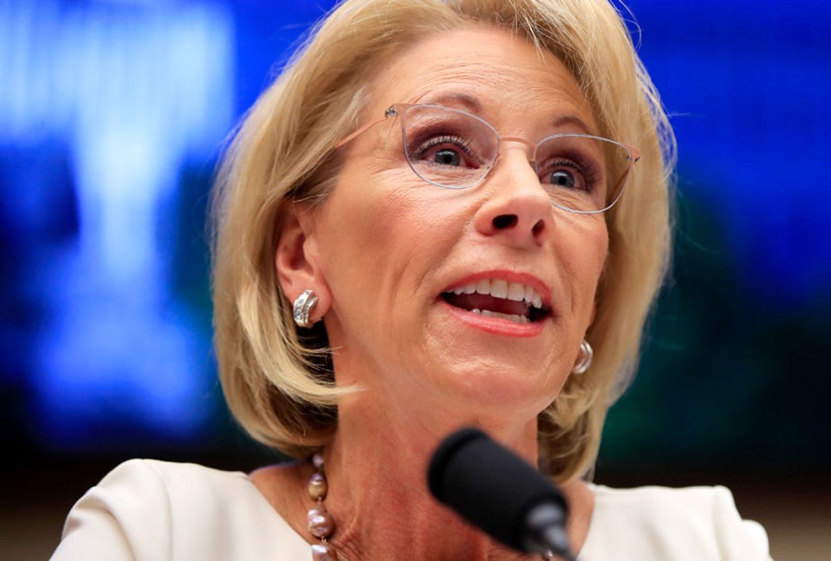 Education Secretary Betsy DeVos testifies before the House Education and Labor Committee at a hearing on 'Examining the Policies and Priorities of the U.S. Department of Education' on Capitol Hill in Washington, Wednesday, April 10, 2019. (AP/Manuel Balce Ceneta)