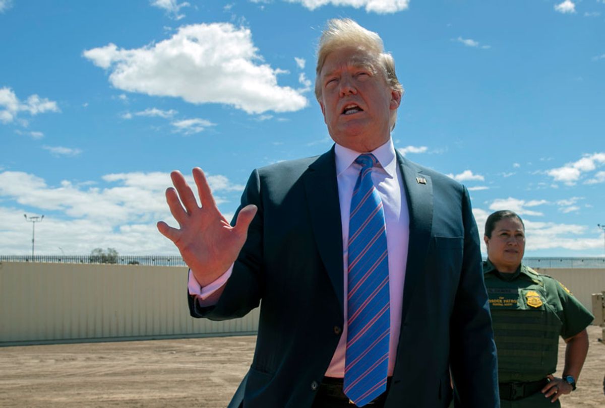President Donald Trump speaks as he visits a new section of the border wall with Mexico in Calexico, CA, April 5, 2019. (AP/Jacquelyn Martin)