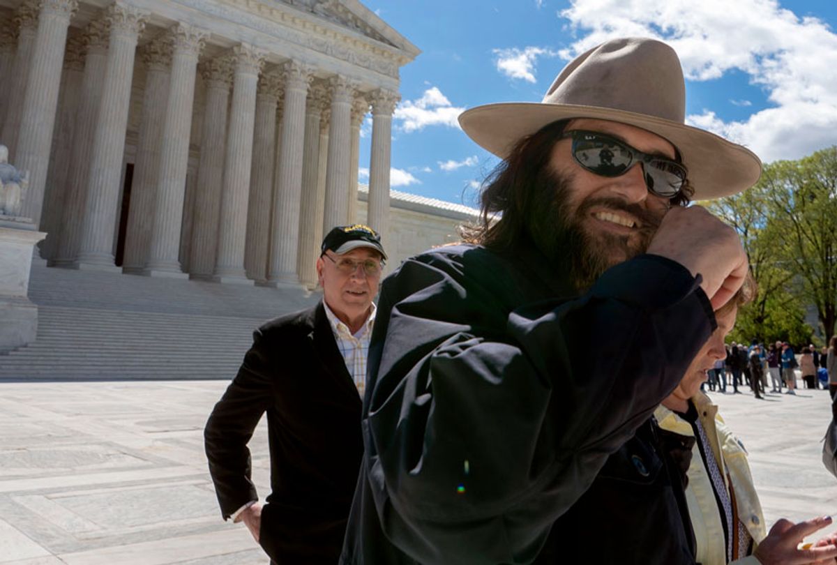 Los Angeles artist Erik Brunetti, the founder of the streetwear clothing company "FUCT," leaves the Supreme Court after his trademark case was argued, in Washington, Monday, April 15, 2019. (AP/J. Scott Applewhite)