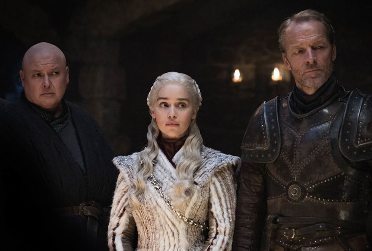 Conleth Hill, Emilia Clarke, and Iain Glen in "Game of Thrones" (Helen Sloan/HBO)