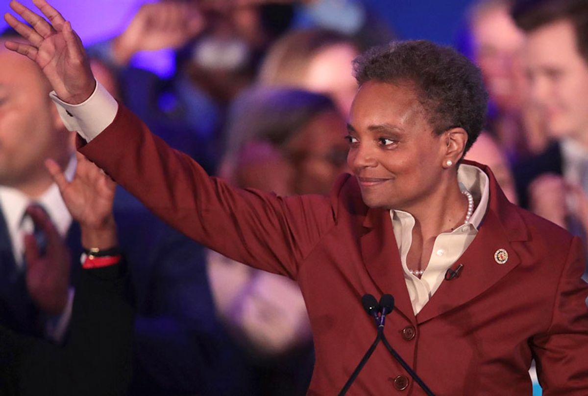 Lori Lightfoot delivers a victory speech after defeating Cook County Board President Toni Preckwinkle to become the next mayor of Chicago on April 02, 2019 in Chicago, Illinois. (Getty/Scott Olson)