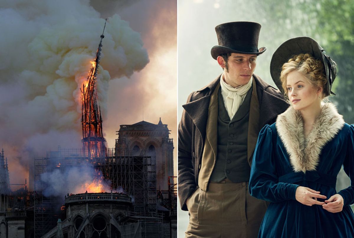 The steeple of the landmark Notre-Dame Cathedral collapses as the cathedral is engulfed in flames in central Paris on April 15, 2019. Josh O'Connor as Marius and Ellie Bamber as Cosette in "Les Misérables on Masterpiece." (Getty/Geoffroy Van Der Hasselt/Courtesy of BBC/Robert Viglasky)