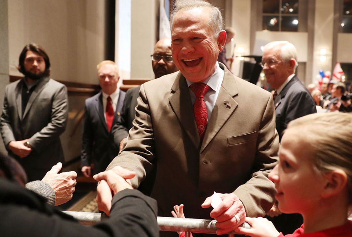 Roy Moore arrives for his election night party in the RSA Activity Center on December 12, 2017 in Montgomery, Alabama.  (Getty/Joe Raedle)