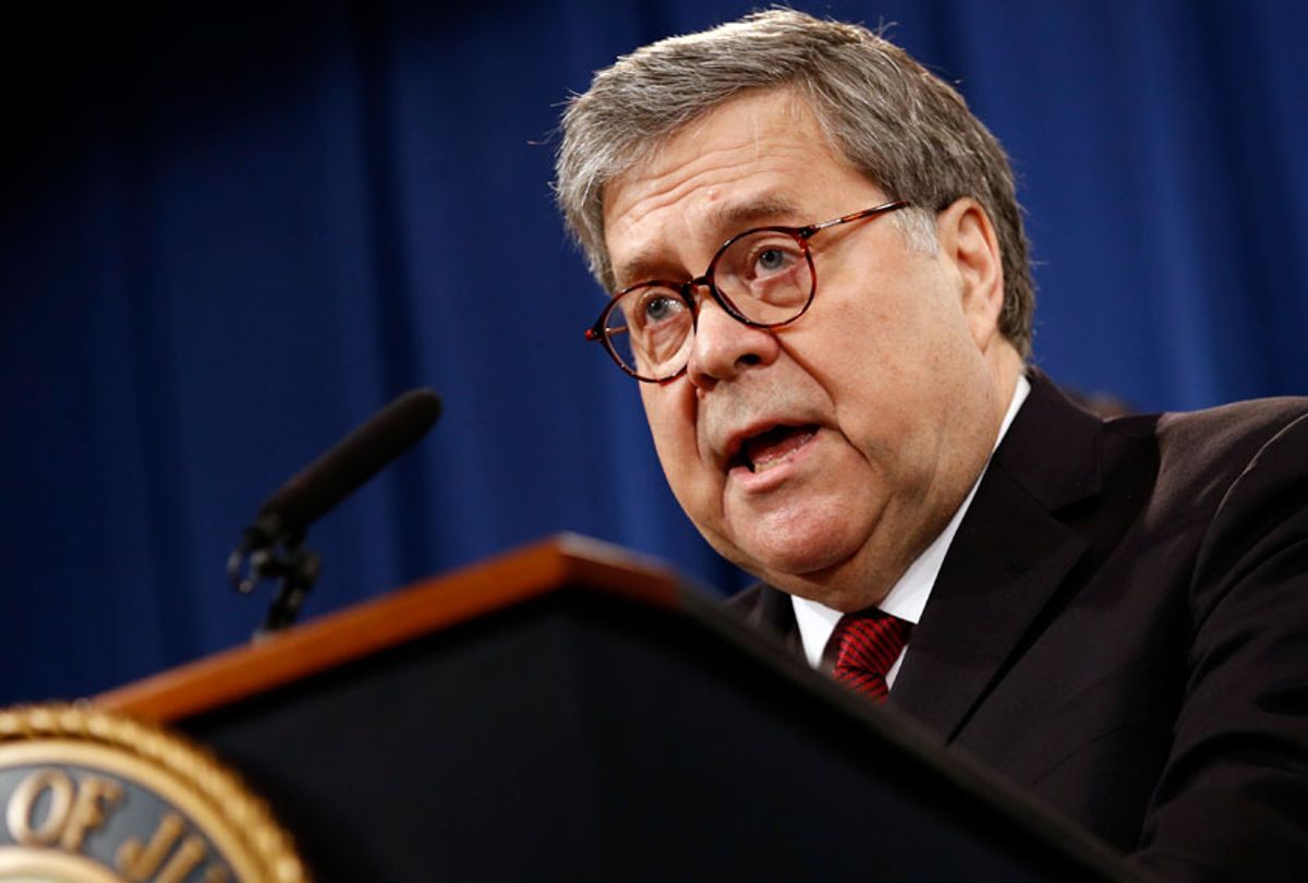 Attorney General William Barr speaks about the release of a redacted version of special counsel Robert Mueller's report during a news conference, Thursday, April 18, 2019, at the Department of Justice in Washington. (AP/Patrick Semansky)
