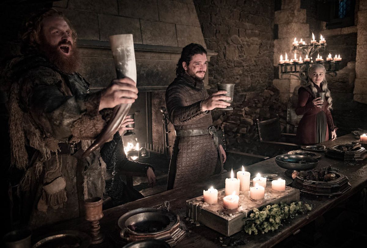 "Game of Thrones": Kristofer Hivju
as Tormund,
Kit Harington
as Jon Snow, and
Emilia Clarke
as Daenerys Targaryen (Helen Sloan/HBO)