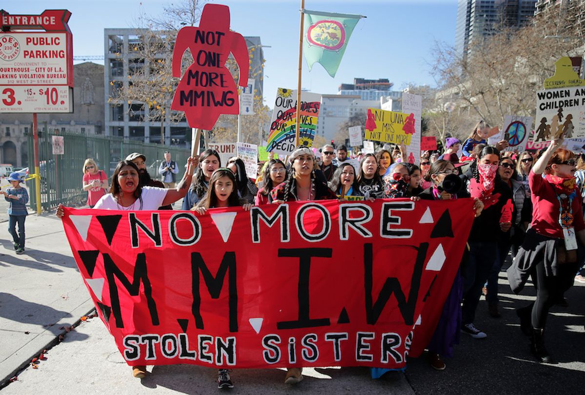 LOS ANGELES, CALIFORNIA - JANUARY 19:  Activists march for missing and murdered Indigenous women at the Women's March California 2019 on January 19, 2019 in Los Angeles, California. Demonstrations are slated to take place in cities across the country in the third annual event aimed to highlight social change and celebrate women's rights around the world. (Photo by Sarah Morris/Getty Images) (Sarah Morris/Getty Images)