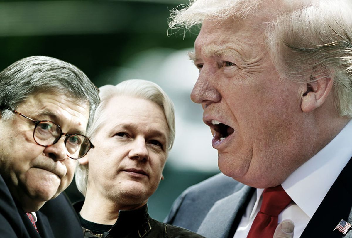 William Barr; Julian Assange; Donald Trump (Getty/Salon)