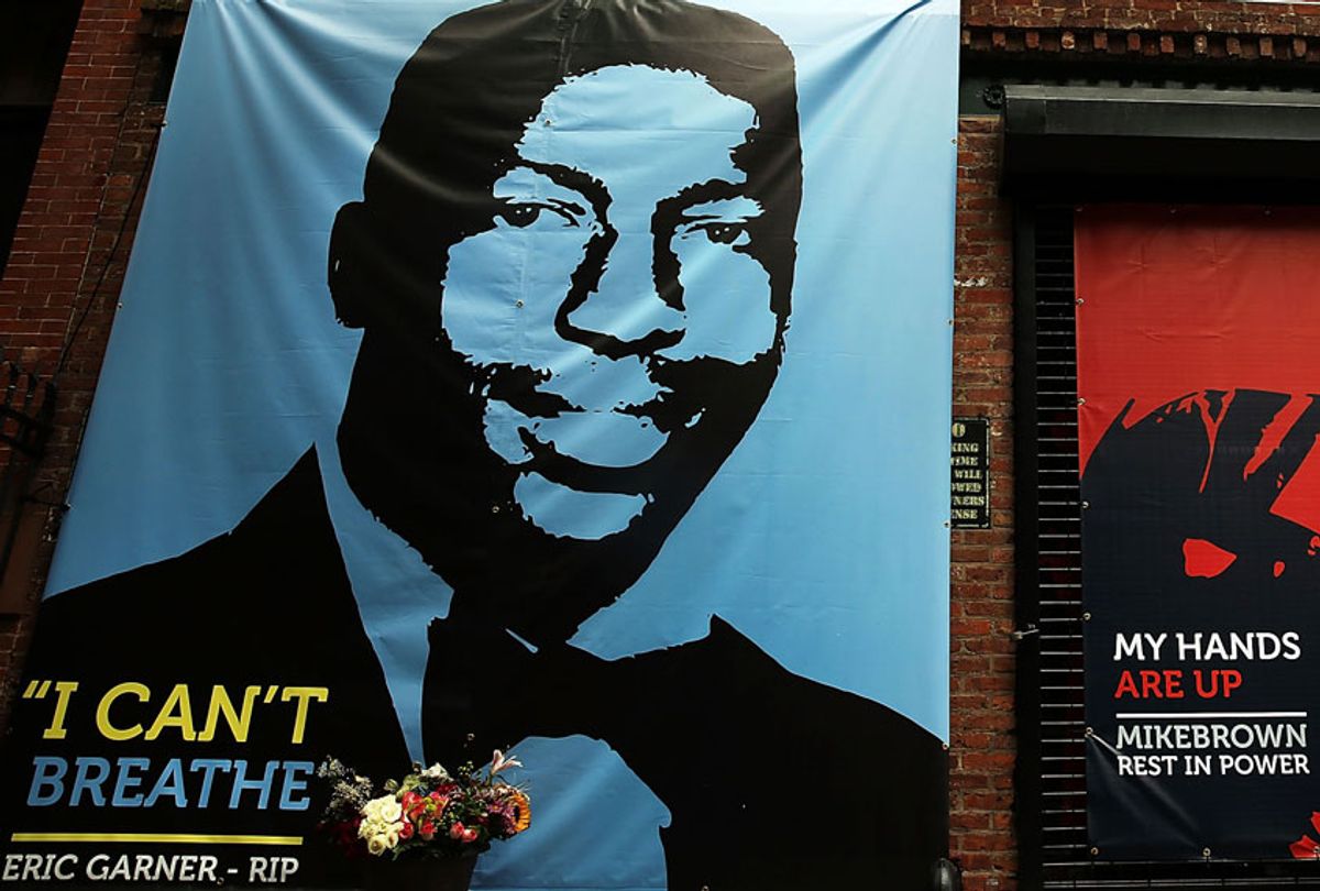 A memorial of Eric Garner, is viewed outside of filmmaker's Spike Lee's 40 Acres offices on August 15, 2014 in the Brooklyn borough of New York City. (Getty/Spencer Platt)