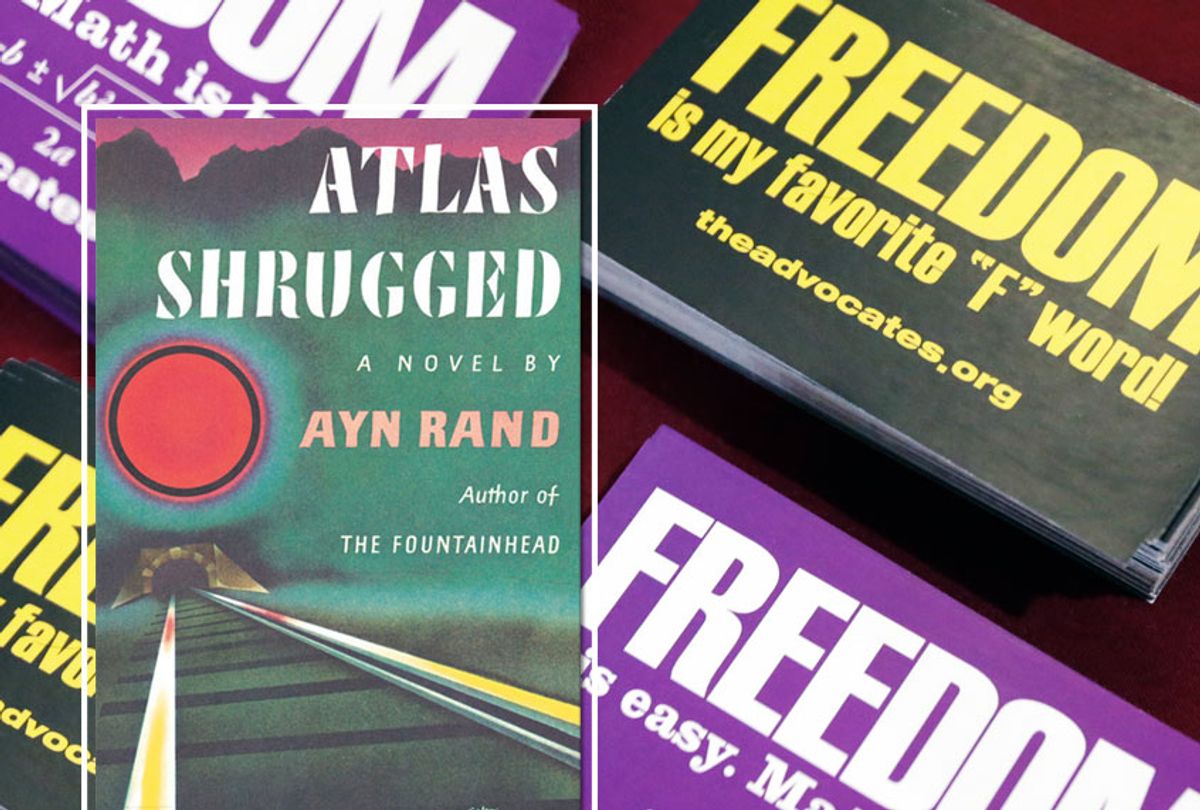 "Atlas Shrugged" by Ayn Rand; Libertarian stickers that were handed out are seen at the National Libertarian Party Convention, Friday, May 27, 2016, in Orlando, Fla. (AP/John Raoux/Signet)