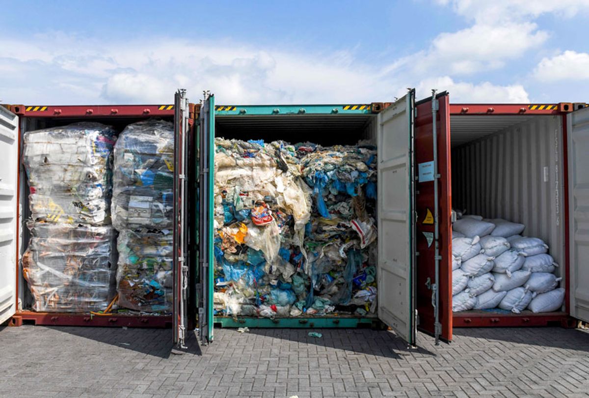 Containers filled with plastic waste shipment are seen on May 28, 2019 during an inspection before sending back to the country of origins in Port Klang, west of Kuala Lumpur. (Getty/Mohd Rasfan)