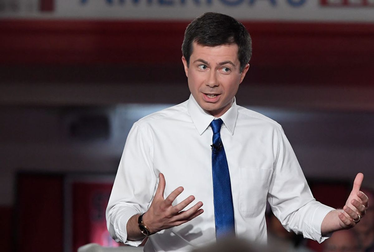 Democratic presidential candidate South Bend, Ind., Mayor Pete Buttigieg speaks speaks during a FOX News Channel town hall, Sunday, May 19, 2019, in Claremont, N.H. (AP/Jessica Hill)