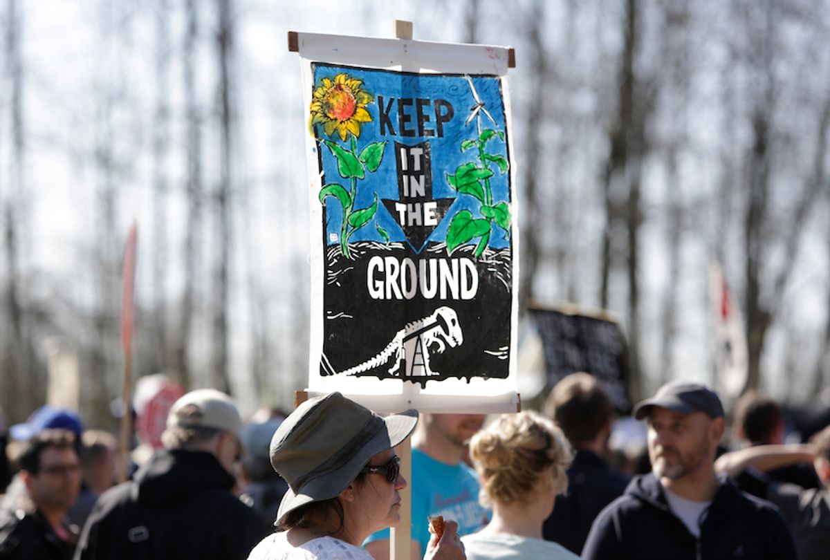 Coast Salish Water Protectors and others demonstrate against the expansion of Texas-based Kinder Morgan's Trans Mountain pipeline project in Burnaby, British Columbia, Canada on March 10, 2018.  / AFP PHOTO / Jason Redmond        (Photo credit should read JASON REDMOND/AFP/Getty Images) (Jason Redmond/Getty Images)