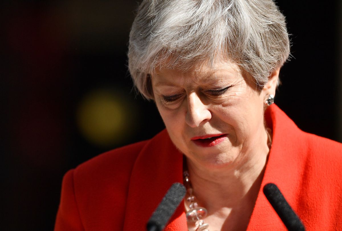 Prime Minister Theresa May makes a statement outside 10 Downing Street on May 24, 2019 in London, England. The prime minister has announced that she will resign on Friday, June 7, 2019.  (Leon Neal/Getty Images)
