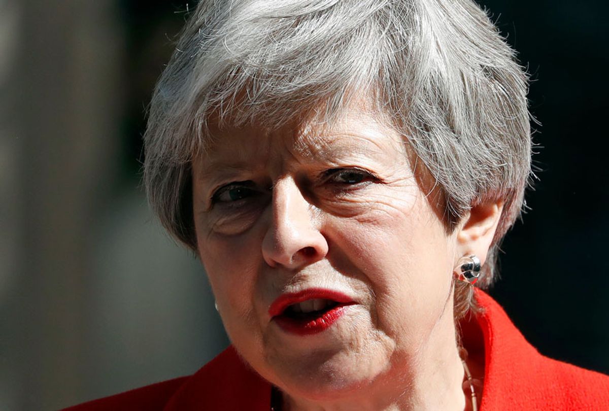 Prime Minister Theresa May makes a statement outside 10 Downing Street on May 24, 2019 in London, England. The prime minister has announced that she will resign on Friday, June 7, 2019. (AP/Alastair Grant)