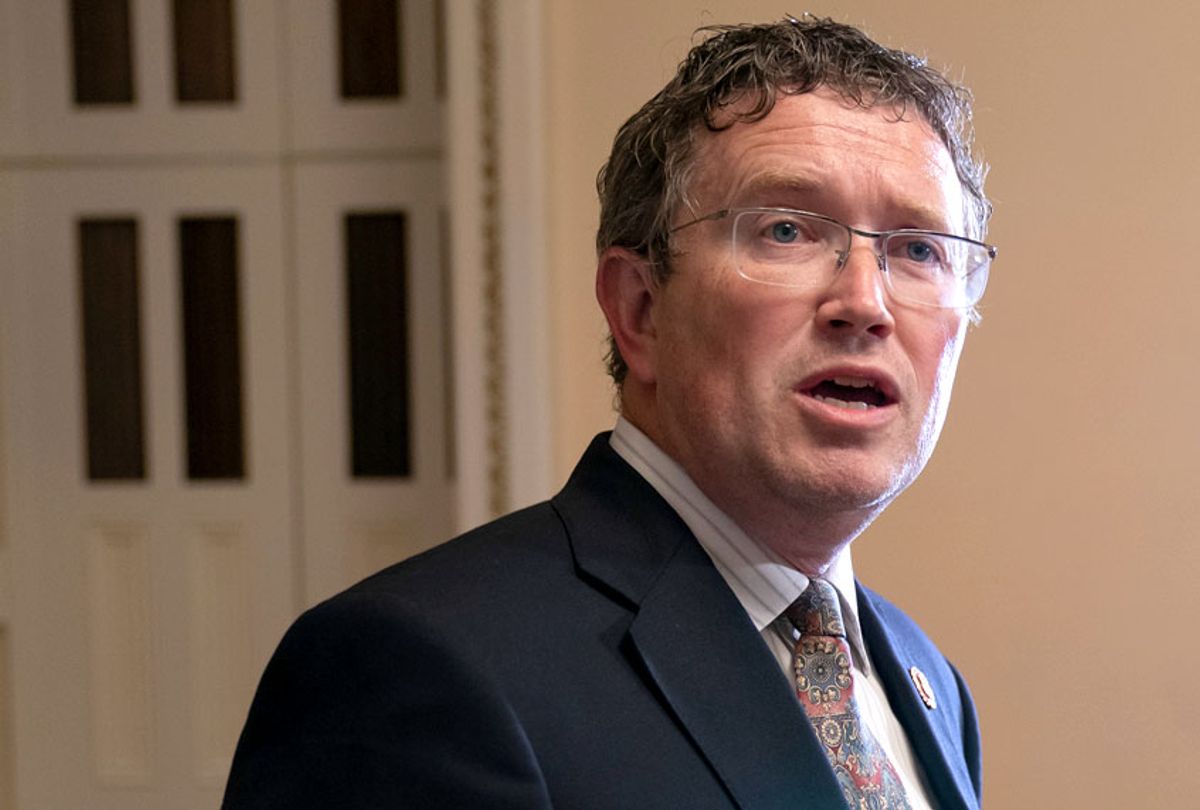 Rep. Thomas Massie, R-Ky., speaks to reporters at the Capitol after he blocked a unanimous consent vote on a long-awaited $19 billion disaster aid bill in the chamber on Tuesday, May 28, 2019. (AP/J. Scott Applewhite)