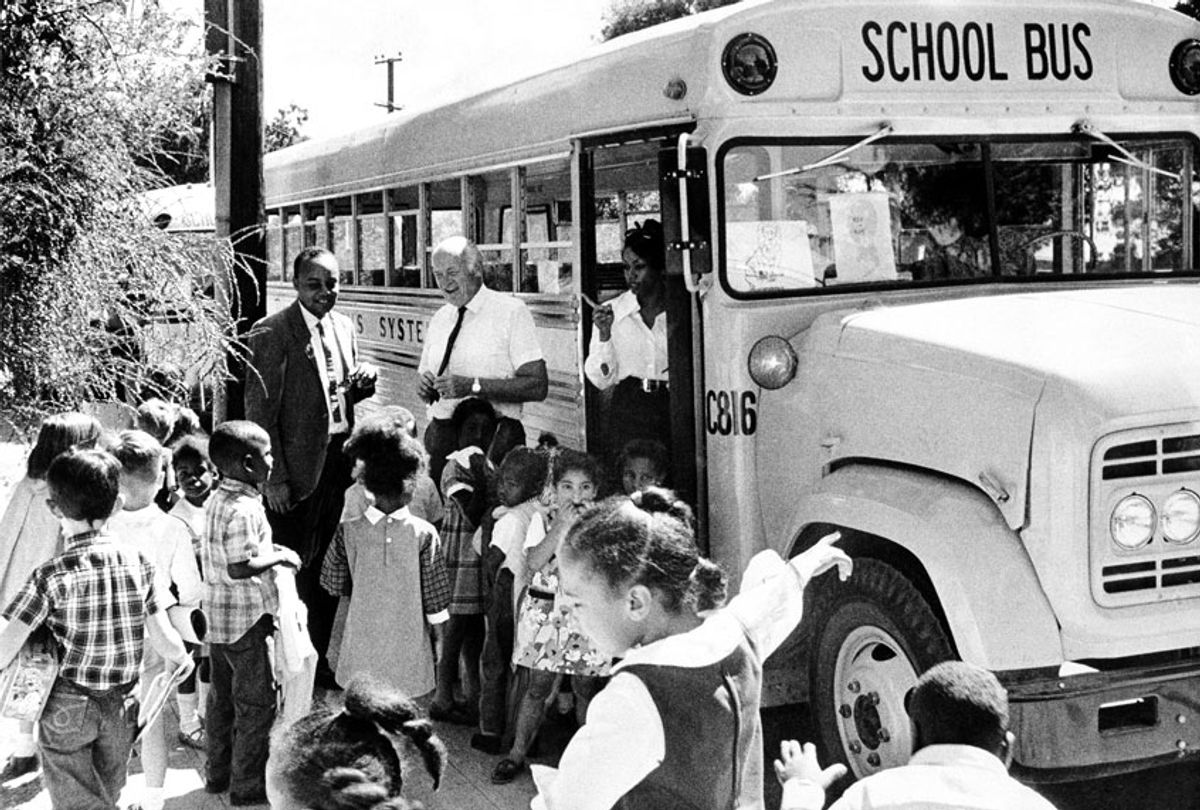 Youngsters head for a school bus in Berkeley, California on Feb. 24, 1970, where a busing program to mix black and white youngsters has been working for 18 months with apparent decline in opposition. (AP/RWK)