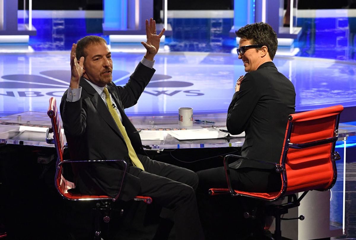 Moderators Chuck Todd and Rachel Maddow host the first night of the Democratic presidential primary debate in Miami, Florida, on June 26, 2019. (Getty/Jim Watson)
