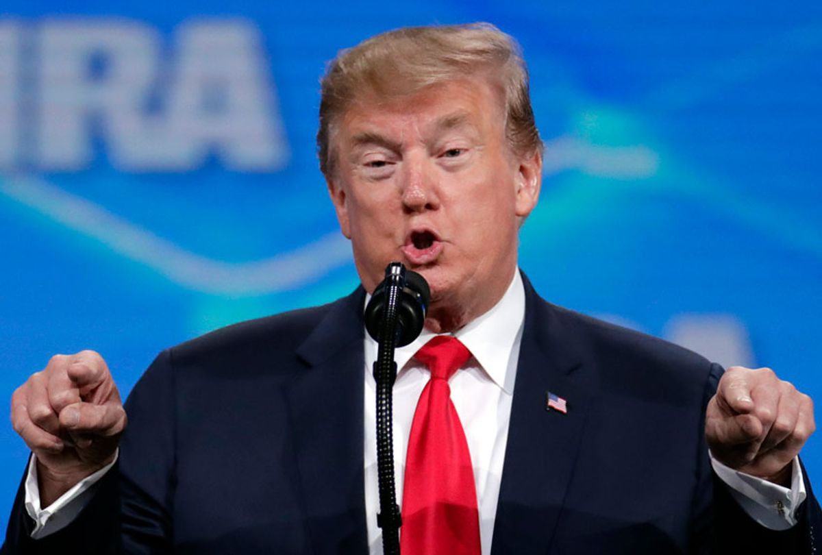 President Donald Trump speaks at the National Rifle Association Institute for Legislative Action Leadership Forum in Lucas Oil Stadium in Indianapolis, Friday, April 26, 2019. (AP/Michael Conroy)