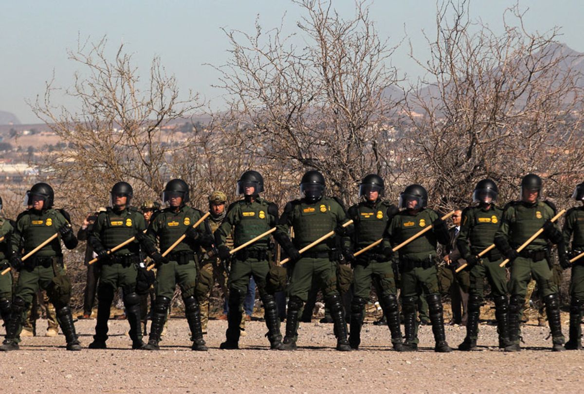 US Border Patrol, Immigration and Customs Enforcement (ICE) and Customs and Border Protection (CBP) agents take part in a safety drill in the Anapra area in Sunland Park, New Mexico, United States on January 31, 2019.  (Getty/Herika Martinez)