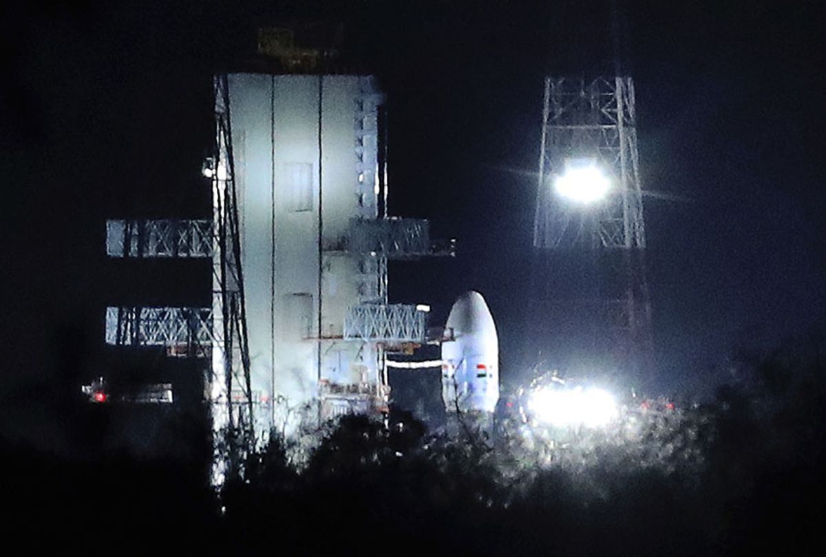Indian Space Research Organization (ISRO)'s Geosynchronous Satellite launch Vehicle (GSLV) MkIII carrying Chandrayaan-2 stands at Satish Dhawan Space Center after the mission was aborted at the last minute at Sriharikota, in southern India, Monday, July 15, 2019. (AP/Manish Swarup)