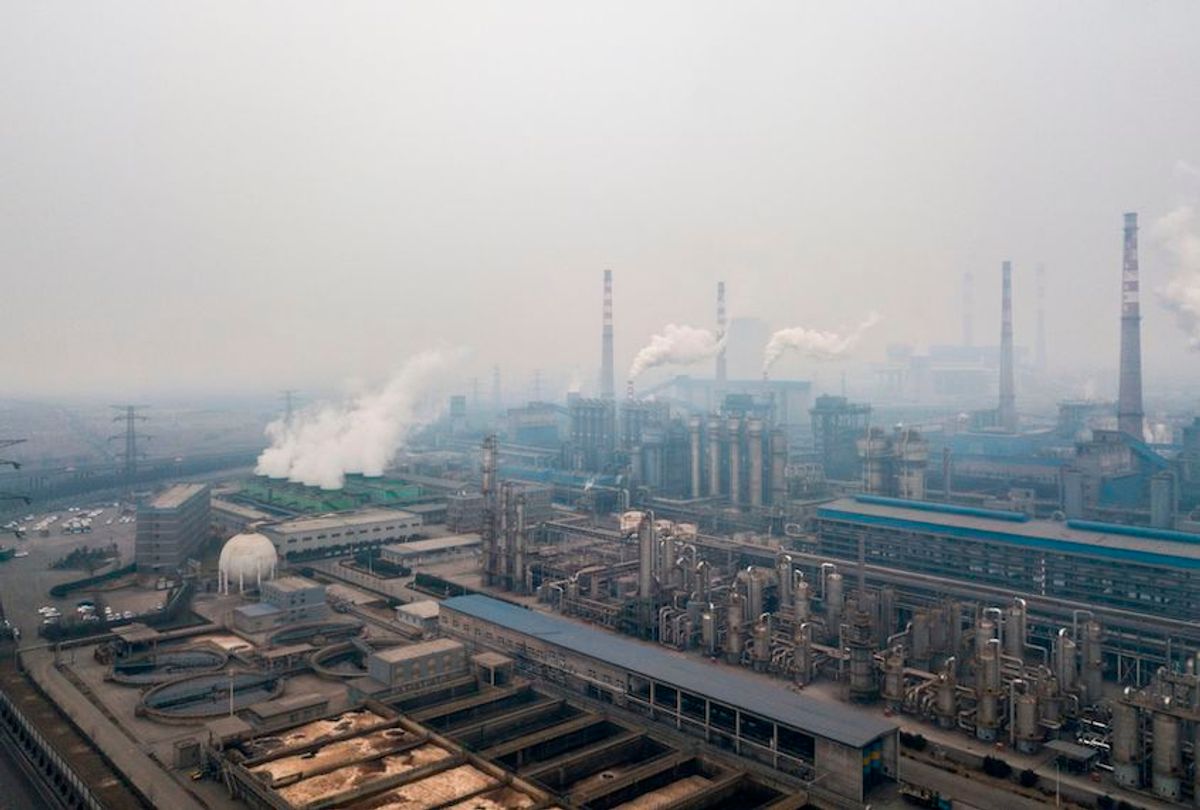 This aerial view taken on February 17, 2018 with a drone shows pollution being emitted from steel factories in Hancheng, Shaanxi province. / AFP PHOTO / FRED DUFOUR        (Photo credit should read FRED DUFOUR/AFP/Getty Images) (Fred Dufour/Afp/Getty Images)