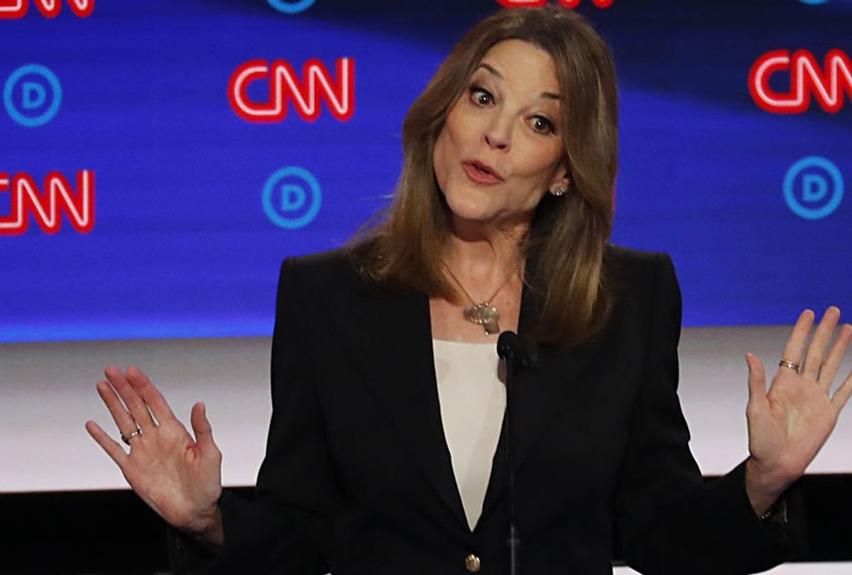 Author Marianne Williamson speaks during the first of two Democratic presidential primary debates hosted by CNN Tuesday, July 30, 2019, in the Fox Theatre in Detroit. (AP/Paul Sancya)