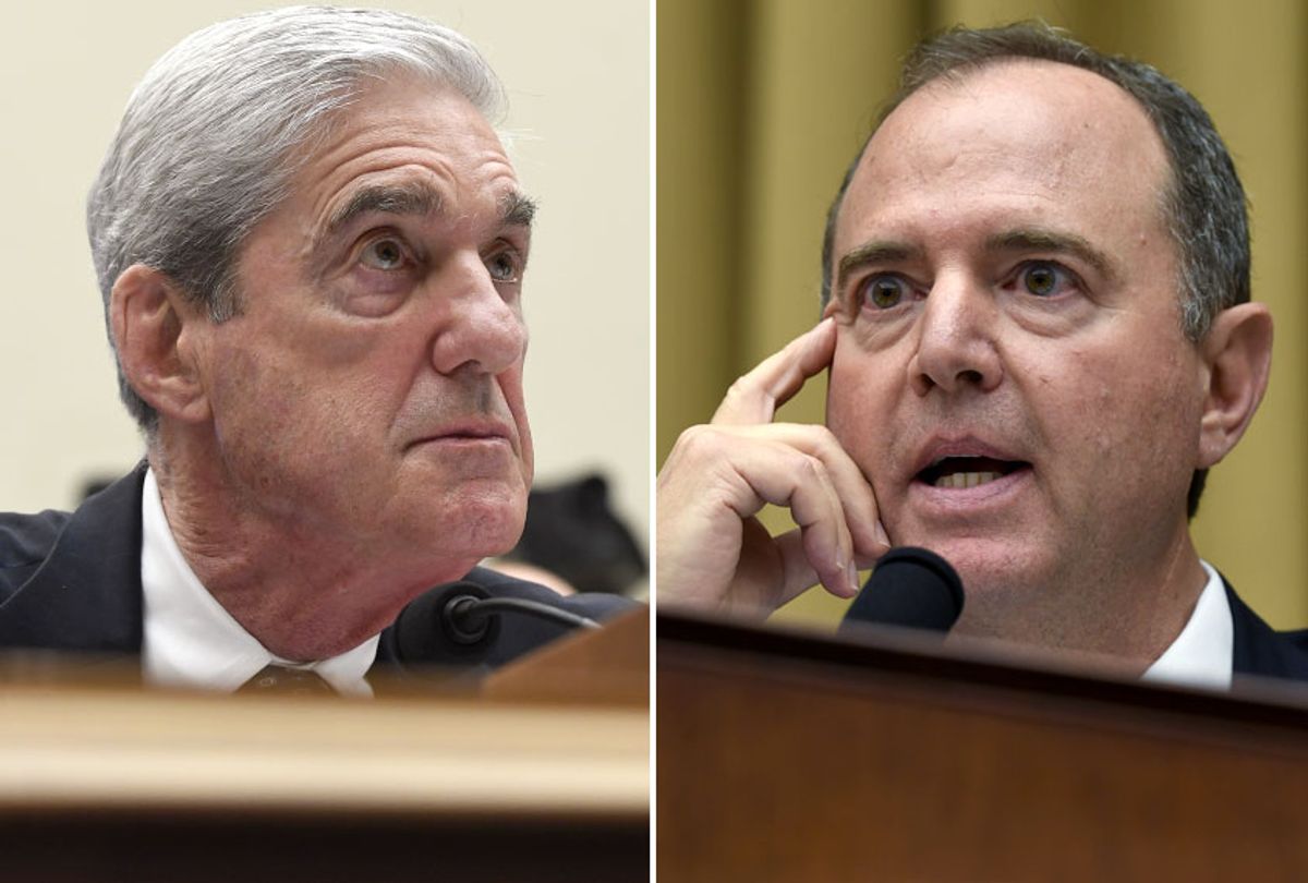 Former special counsel Robert Mueller and House Intelligence Committee Chairman Adam Schiff (D-CA) during a hearing on Capitol Hill in Washington, Wednesday, July 24, 2019. (AP/Susan Walsh)